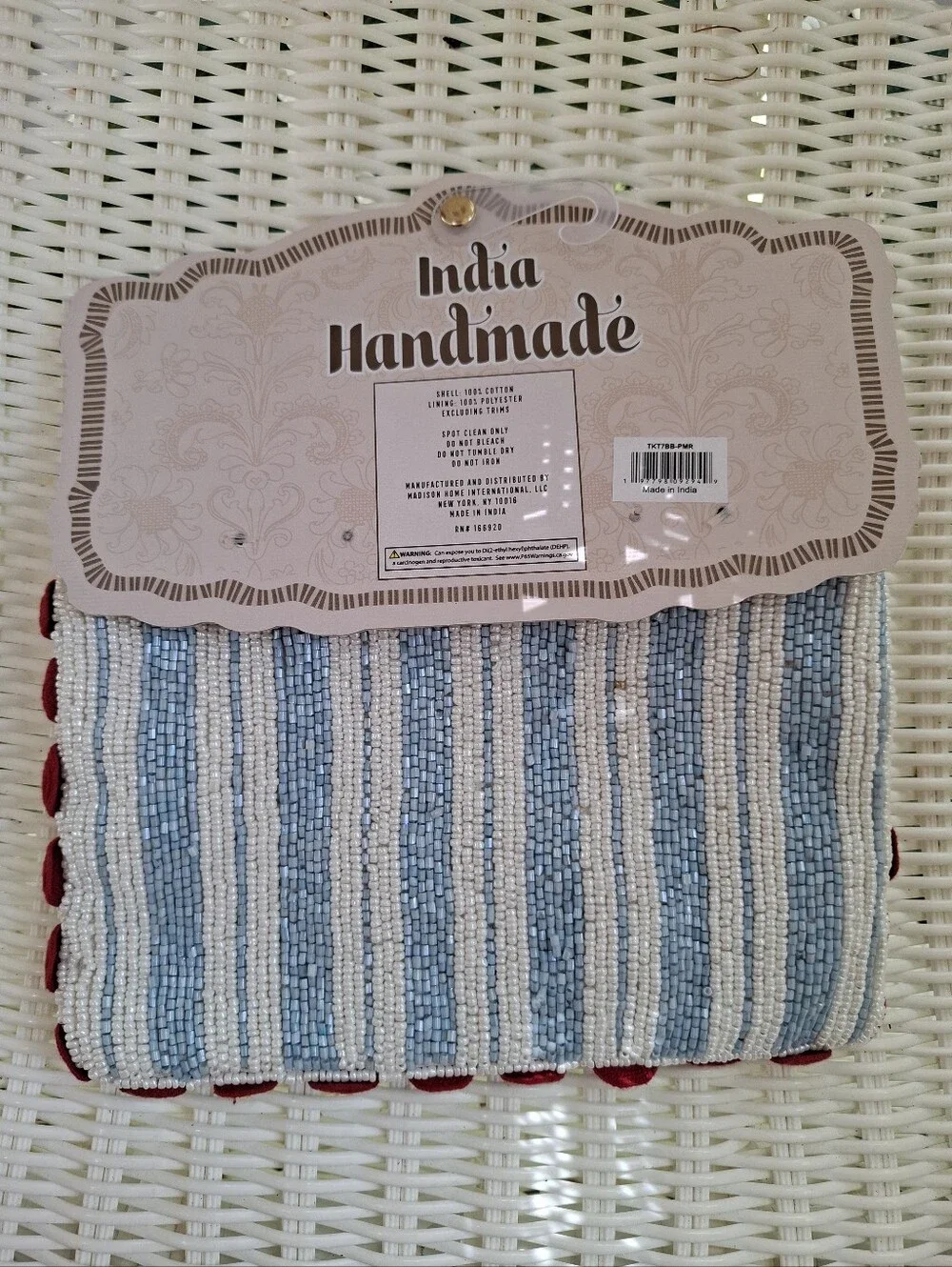 Handmade Blue And White Stripe Beaded Small Zipper Pouch Red Trim NWT